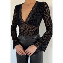 Gülseli Kadın V Yaka Güpür Detaylı Ispanyol Kol Crop Top Bluz P-00019865