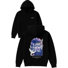 Vsrn Love Yourself First Tasarım Baskılı Oversize Siyah Kapüşonlu Sweatshirt