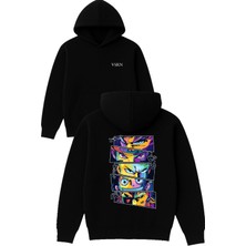 Vsrn Anime Gözleri Tasarım Baskılı Oversize Siyah Kapüşonlu Sweatshirt