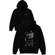 Vsrn Pug Gözlüklü Tasarım Baskılı Oversize Siyah Kapüşonlu Sweatshirt