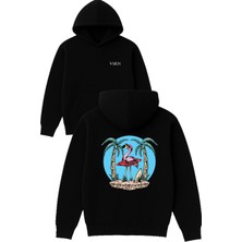Vsrn Flamingo Tatilde Tasarım Baskılı Oversize Siyah Kapüşonlu Sweatshirt