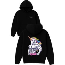 Vsrn Tek Boynuzlu At Gym Tasarım Baskılı Oversize Siyah Kapüşonlu Sweatshirt