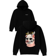 Vsrn Melek Domuz Tasarım Baskılı Oversize Siyah Kapüşonlu Sweatshirt