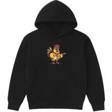 Vsrn Rockçı Horoz Tasarım Baskılı Oversize Siyah Kapüşonlu Sweatshirt