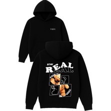 Vsrn Stay Real Tasarım Baskılı Oversize Siyah Kapüşonlu Sweatshirt