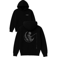 Vsrn Ayda Balık Tutan Tasarım Baskılı Oversize Siyah Kapüşonlu Sweatshirt