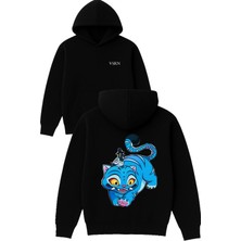 Vsrn Mavi Kedi Anime Tasarım Baskılı Oversize Siyah Kapüşonlu Sweatshirt
