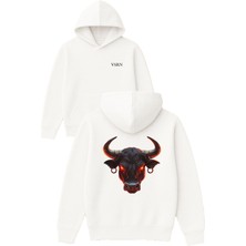 Vsrn Kızgın Boğa Tasarım Baskılı Oversize Beyaz Kapüşonlu Sweatshirt