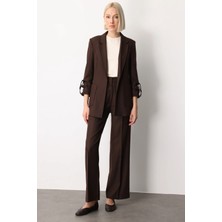 Ekol Kadın Pile Detaylı Bol Paça Pantolon 5059 Kahverengi