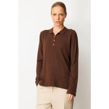 Desen Triko Kadın Polo Yaka Yakası ve Kolu Düğmeli Bluz 25391 M.kahve