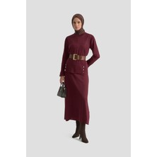 Armine Trend Düğme Detaylı Etekli Triko İkili Takım Bordo 25KTD6107
