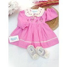 Necix Bebe Yaka Nakışlı Keten Elbise Pembe - 12-18 Ay