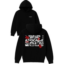 Vsrn Your Lıps Tasarım Baskılı Oversize Siyah Kapüşonlu Sweatshirt