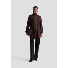 Armine Trend Simli Şerit Detaylı Yarım Fermuarlı Tunik Kahverengi 25KT407