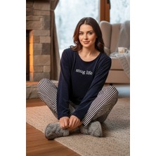 Remsa Kadın Desenli Kadife Kumaş Pijama Takımı 13314-2456 Lacivert