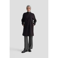 Armine Trend Yarım Fermuarlı Kolları Ribanalı Cepli Örme Tunik Siyah 25KT461