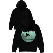 Vsrn Dağda Motor Keyfi Tasarım Baskılı Oversize Siyah Kapüşonlu Sweatshirt