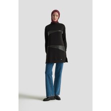 Armine Trend Deri ve Fermuar Detaylı Fitilli Tunik Siyah 25KT452