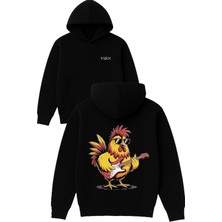 Vsrn Rockçı Horoz Tasarım Baskılı Oversize Siyah Kapüşonlu Sweatshirt