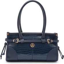 Armine Trend Önden Kemerli Kol Askılı Çanta Lacivert Kroko ARM176