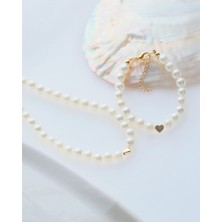 Aurrari Gold Kalp Detaylı Incili Bileklik ve Kolye Seti