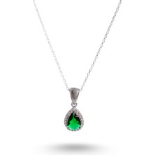 925 Ayar Gümüş Yeşil Zirkon Taşlı Pırlanta Montür Damla Trend Kadın Kolye Sevgililer Günü Hediye