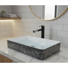 Emfa Aksesuar Siyah Mermer Desenli Tezgahüstü Çanak Lavabo 61X34X11 - Siyah-Beyaz Lavabo Taşı