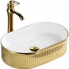 Emfa Aksesuar Gold Çizgili Oval Tezgahüstü Çanak Lavabo 49X36X13 - Altın Renk Çizgili Premium Lavabo Taşı