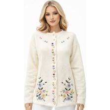 Fresh Moda Kadın Beyaz Angora Çiçek Nakışlı Ince Düğmeli Hırka