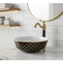 Emfa Aksesuar Siyah Gold Desenli Tezgahüstü Oval Çanak Lavabo 42X42X15 - Altın Renk Desenli Premium Lavabo Taşı