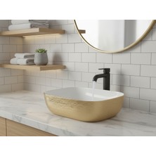 Emfa Aksesuar Gold-Altın Desenli Tezgahüstü Çanak Lavabo 45,5X32X13,5 - Gold Içi Beyaz Lavabo Taşı