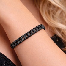 Angelviva 925 Ayar Gümüş Siyah Zirkon Taşlı Kalın Gurmet Zincir Bileklik | Rodyum Kaplama 20.5 cm