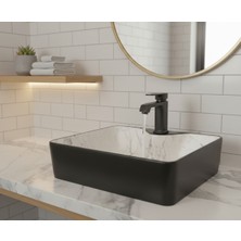 Emfa Aksesuar Siyah Içi Mermer Desenli Tezgahüstü Çanak Lavabo 48x37x13 - Siyah-Bej Lavabo Taşı