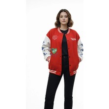 Silerra Kadın Kırmızı Varsity Çıtçıtlı Baskılı Oversize Kalıp Kolej Ceket - Kırmızı