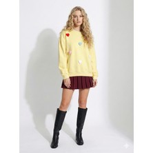 Ribana Classic Kadın Bisiklet Yaka Kalp Detaylı Üç Iplik Şardonlu Yumuşak Dokulu Içi Pamuklu Uzun Kollu Sweatshirt