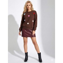 Ribana Classic Kadın Bisiklet Yaka Kalp Detaylı Üç Iplik Şardonlu Yumuşak Dokulu Içi Pamuklu Uzun Kollu Sweatshirt