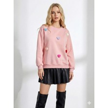 Ribana Classic Kadın Bisiklet Yaka Kalp Detaylı Üç Iplik Şardonlu Yumuşak Dokulu Içi Pamuklu Uzun Kollu Sweatshirt