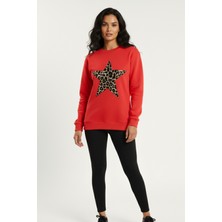 Kadın Leopar Desenli Yıldız Baskılı Bisiklet Yaka Oversize Sweatshirt