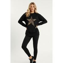 Uncia Outdoors Kadın Siyah Leopar Desenli Oversize Sweatshirt Ek Özellikler ile Günlük Kullanım İçin Rahat