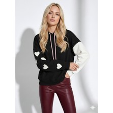 Ribana Classic Kadın Kapüşonlu Üç Iplik Şardonlu Çift Renk Kol Detaylı Kalp Baskılı Yumuşak Dokulu Içi Pamuklu Uzun Kollu Sweatshirt