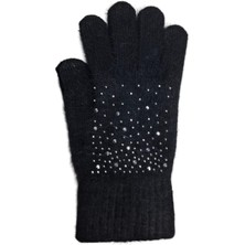 Spteks Suyutti Bayan Yetişkin Siyah Renk Taş Süslemeli Kışlık Dokunmatik Örme Eldiven