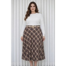 Enga Vera Kadın Büyük Beden Ekose Desenli Uzun Yüksek Bel Yandan Fermuar Kışlık Etek (Astarlı Dökümlü Model)