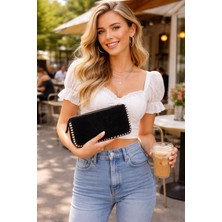 Lorevie Kadın Siyah Süet Inci Detaylı Zincir Askılı El ve Omuz Çantası