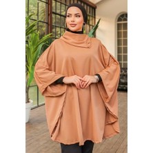 DoQun Düğme Detaylı Şık Tasarımlı Bej Şal Yaka Panço