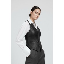 Deriderim Carla Siyah Hakiki Deri Kadın Yelek