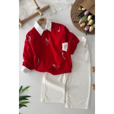 Miniğimin Cicileri Taşlı Tüy Desenli Kız Çocuk Gömlekli 3 Lü Takım - Kırmızı