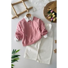 Miniğimin Cicileri Taşlı Tüy Desenli Kız Çocuk Gömlekli 3 Lü Takım - Pembe