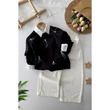 Miniğimin Cicileri Taşlı Tüy Desenli Kız Çocuk Gömlekli 3 Lü Takım - Siyah