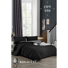 Homenup 150X200 Çift Kişilik Nevresim Takımı Lastikli Çarşaf Çift Yön Gri-Siyah