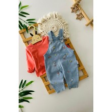 Miniğimin Cicileri Minik Çiçek Işleme Detaylı Kız Bebek Salopetli 2 Li Takım - Nar Çiçeği